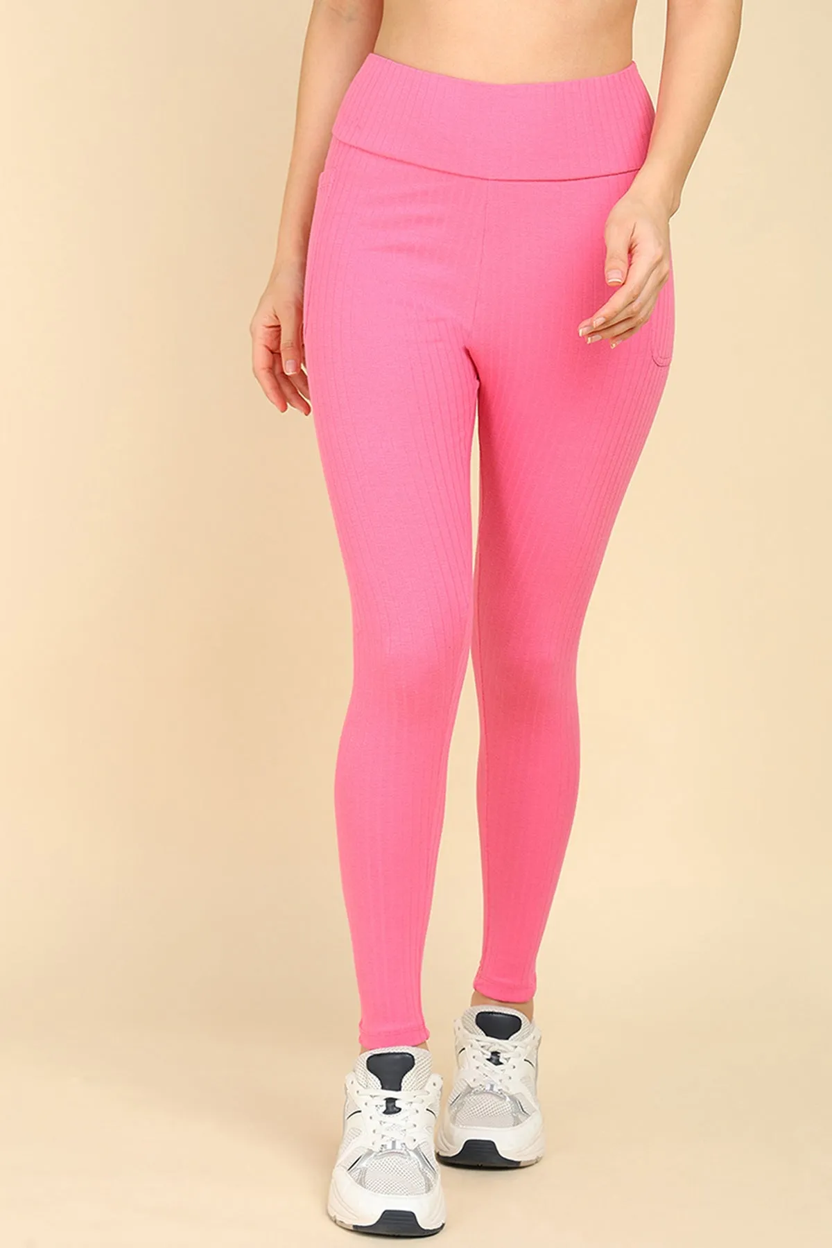 All Over Ribbed Cotton Pink Mom Legging