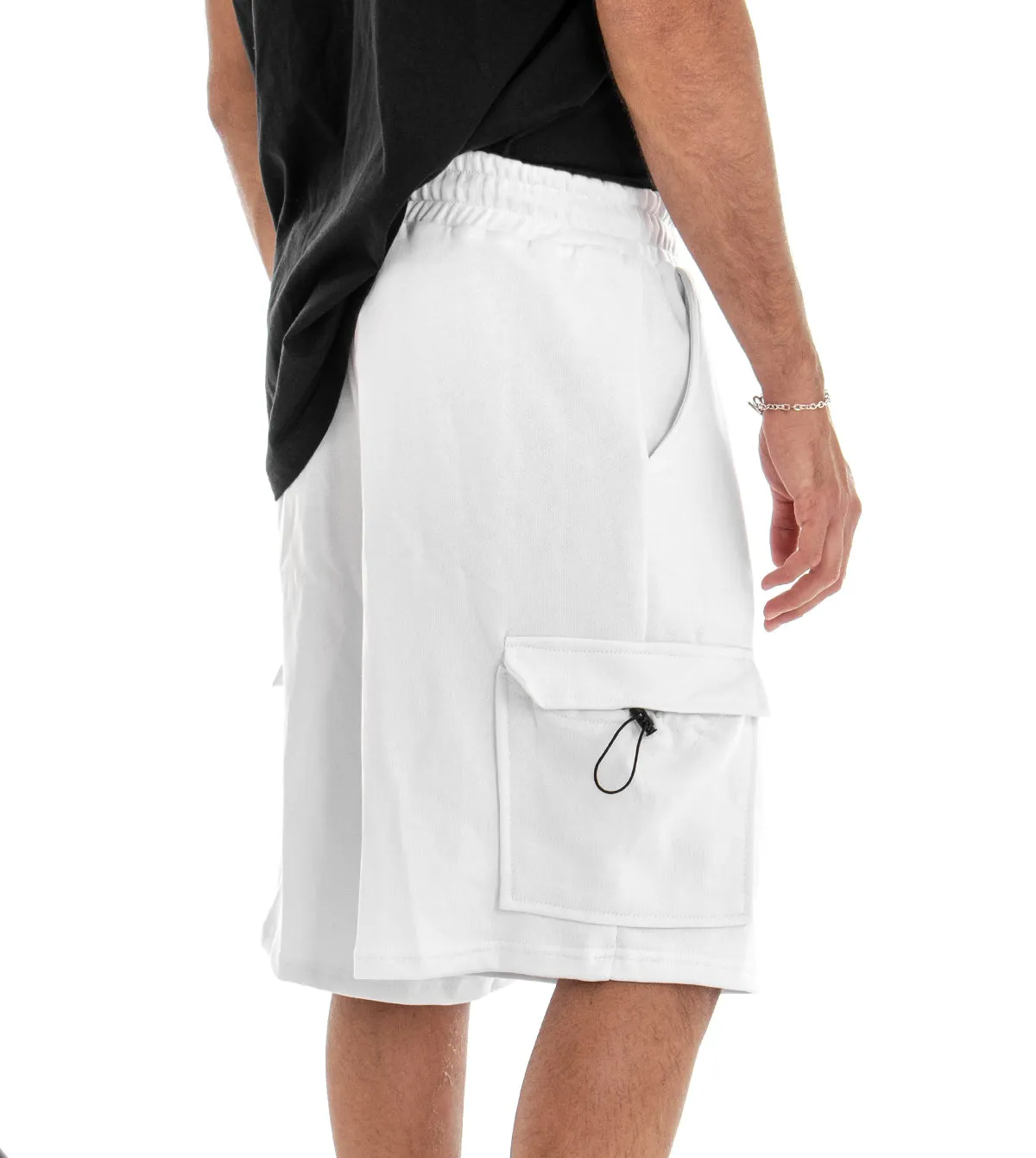 Bermuda Pantaloncino Uomo Shorts Tuta Tinta Unita Cargo Elastico Bianco GIOSAL-PC1541A