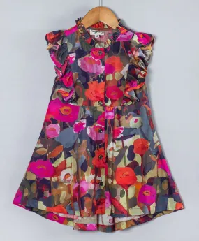 Big floral print cutsleeves  dress with front button opening-Multi