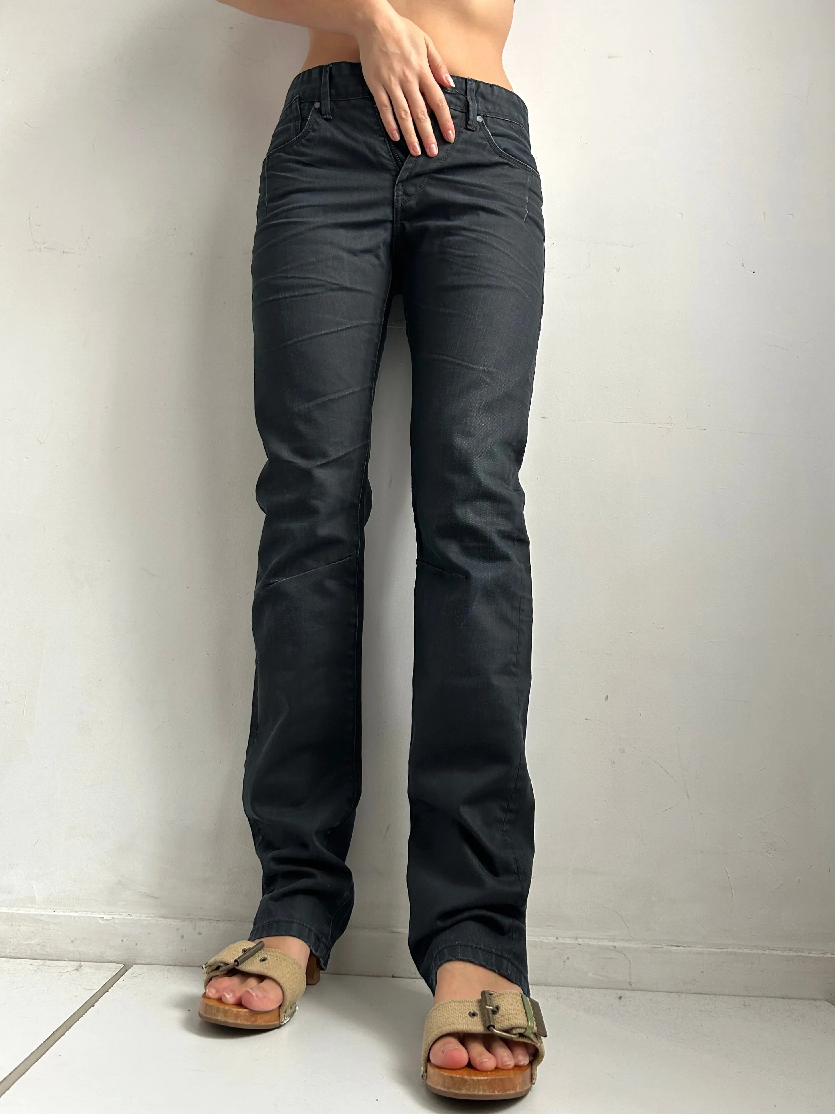 Black denim mid rise baggy pants (XS)