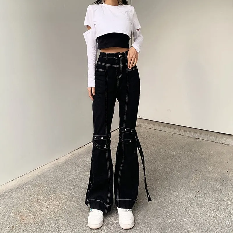 Black  Lace-Up High Waist Jeans