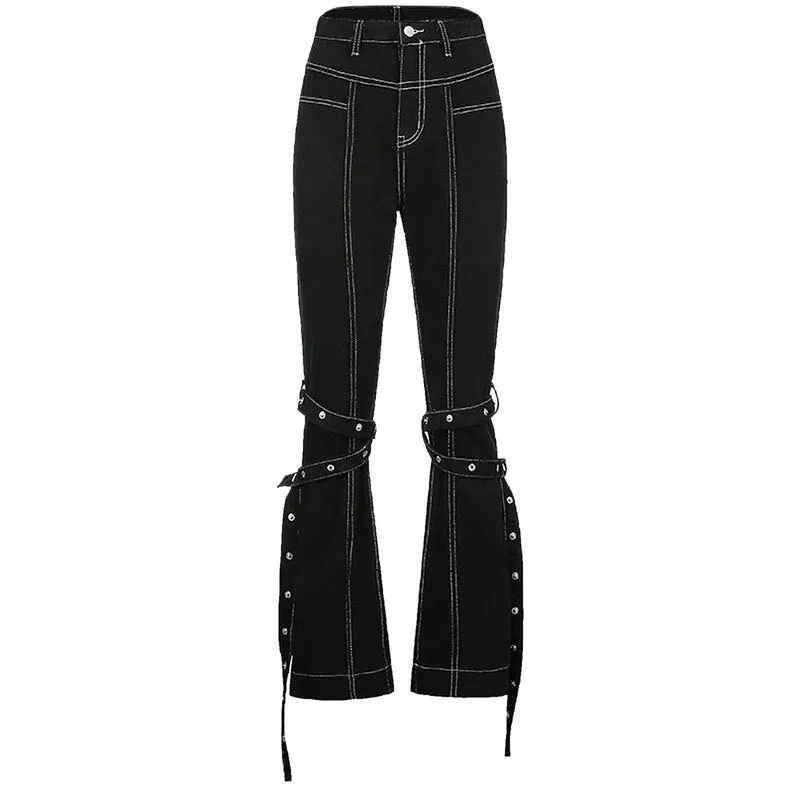 Black  Lace-Up High Waist Jeans