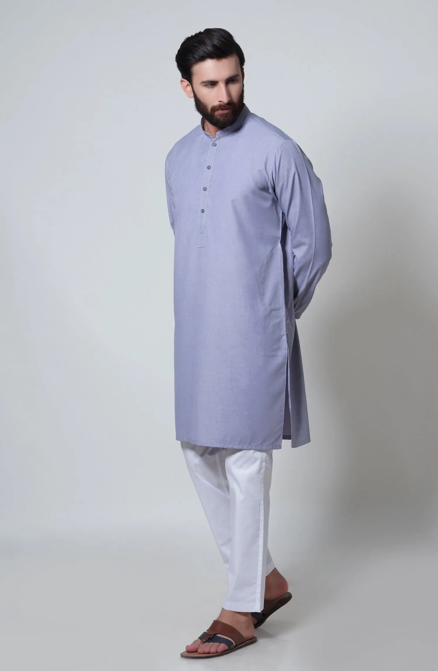 Blended Embroidered Kurta - Light Grey