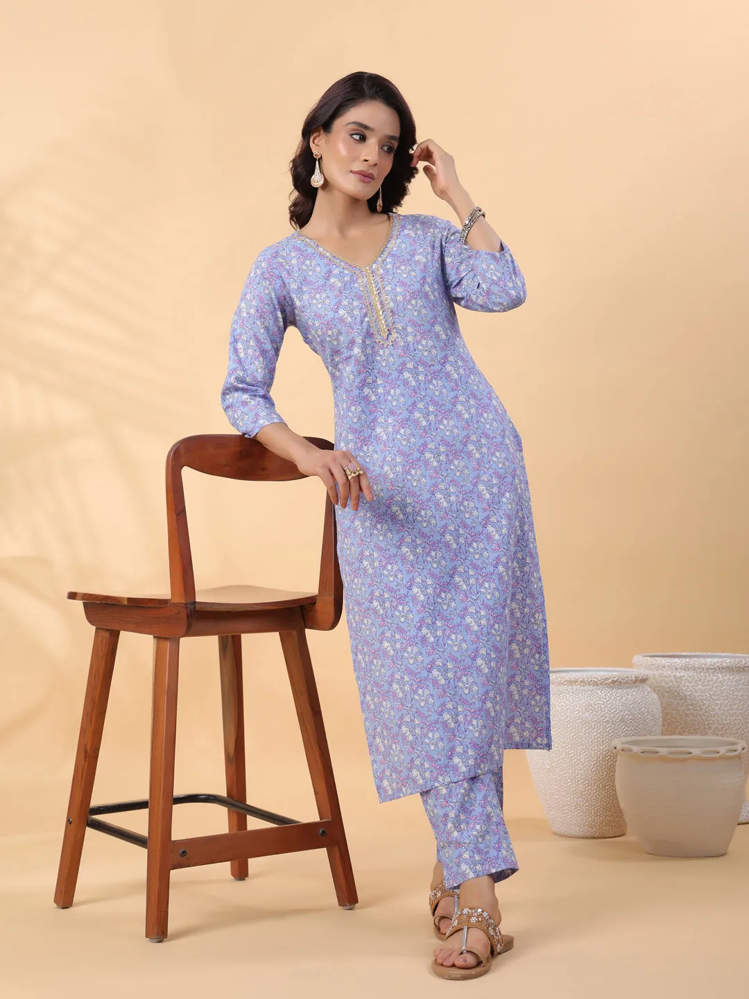 Blue Cotton Floral Regular Kurta Set