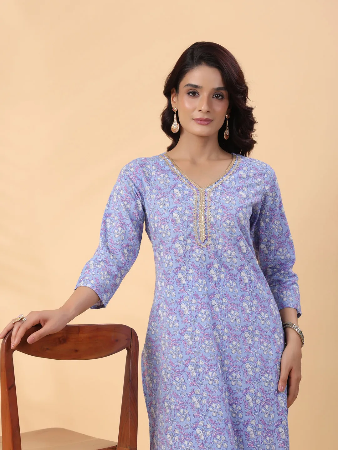 Blue Cotton Floral Regular Kurta Set