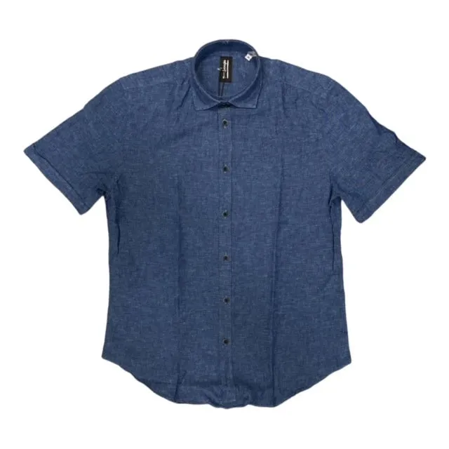 Bomboogie Short Sleeve Shirt in Linen and Cotton SM6400TLITP 26 indigo blue