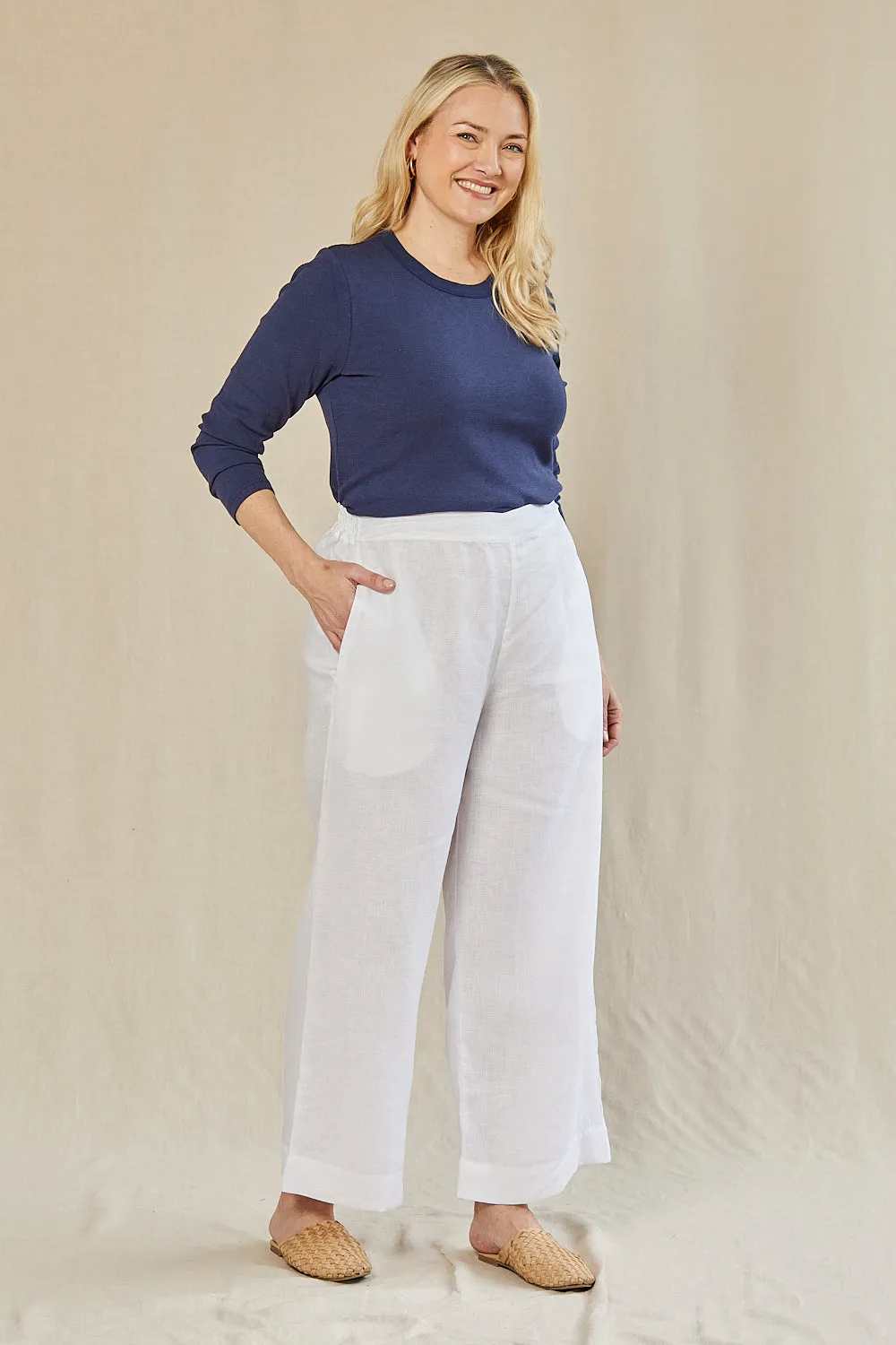 Camille Linen Wide Leg Pant in White