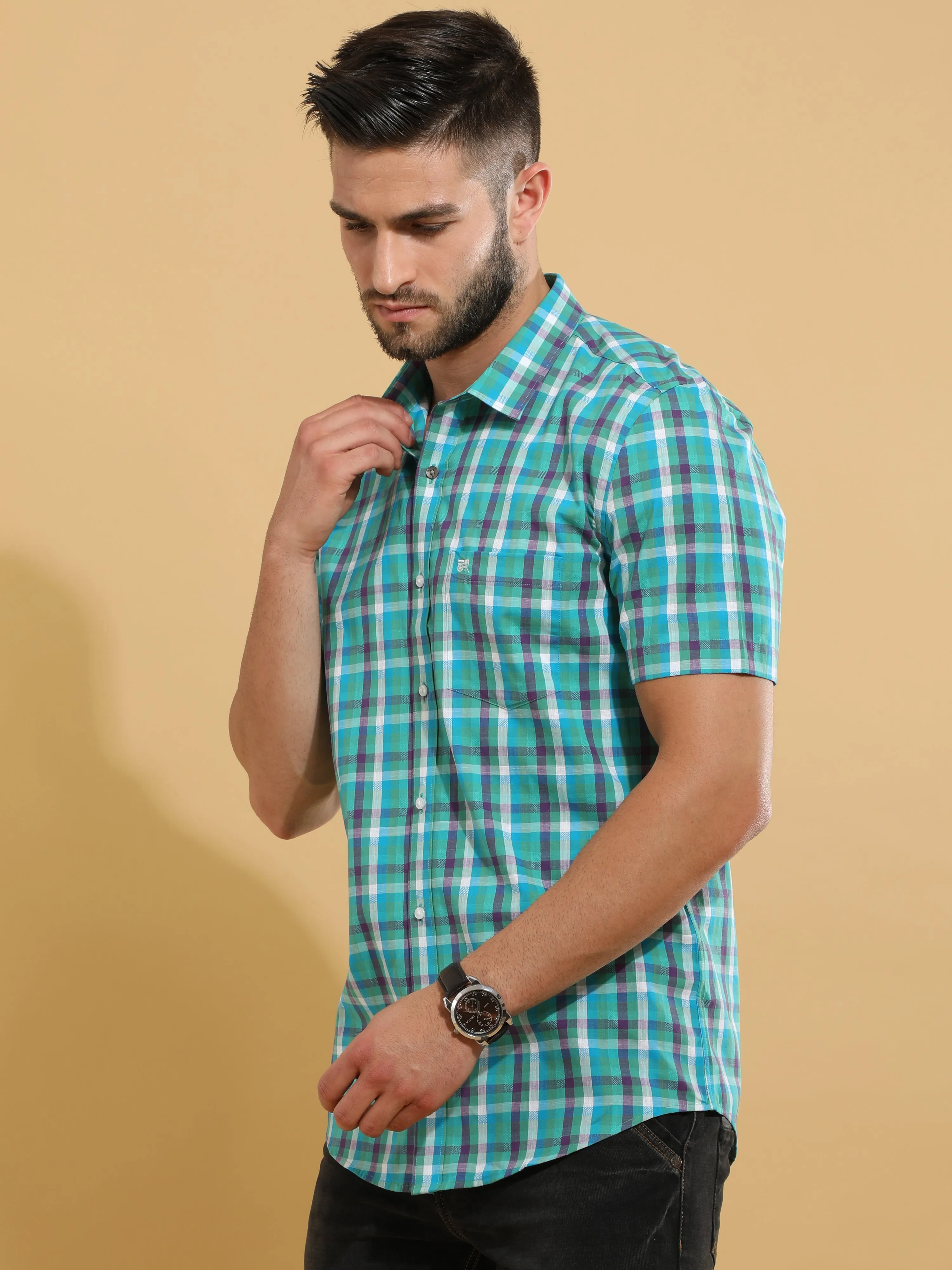 Green Checks Semi Casual Shirt