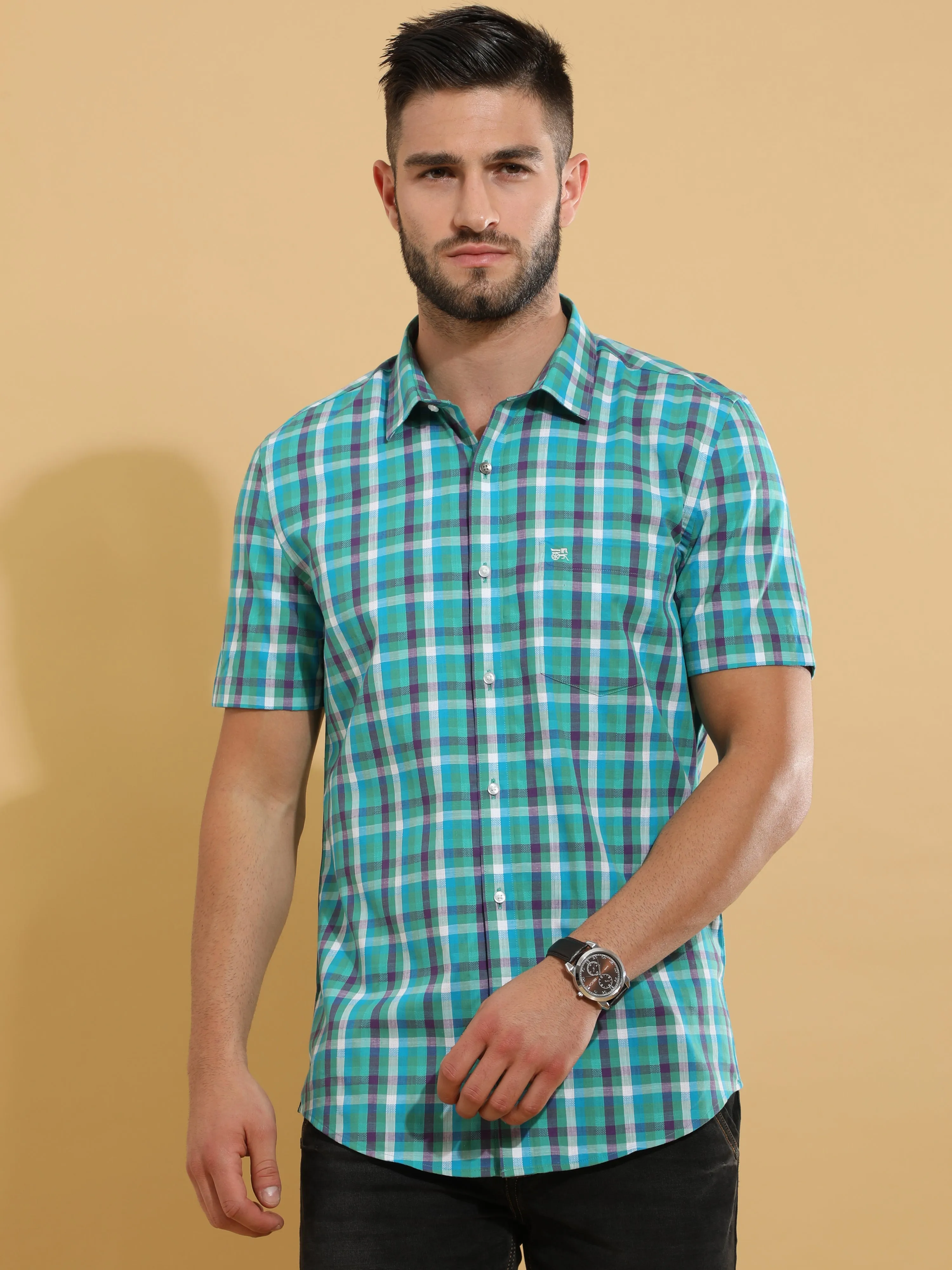 Green Checks Semi Casual Shirt