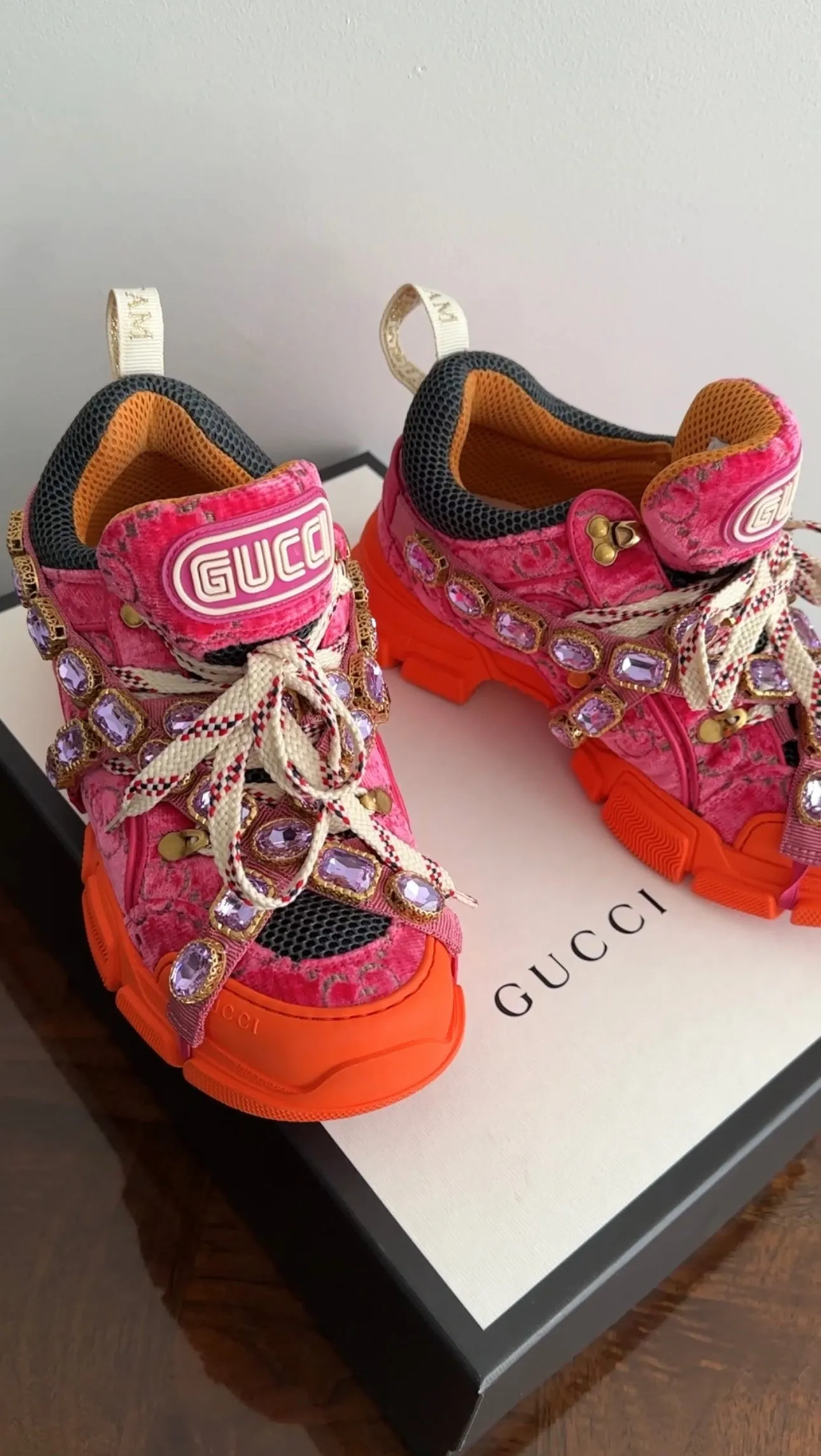 Gucci Pink Velvet and Orange Flashtrek Sneakers - 38.5 / 8