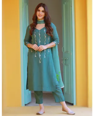 Heer Blush Green Hand Embroidered Silk Kurta Pant with Hand Painted Dupatta