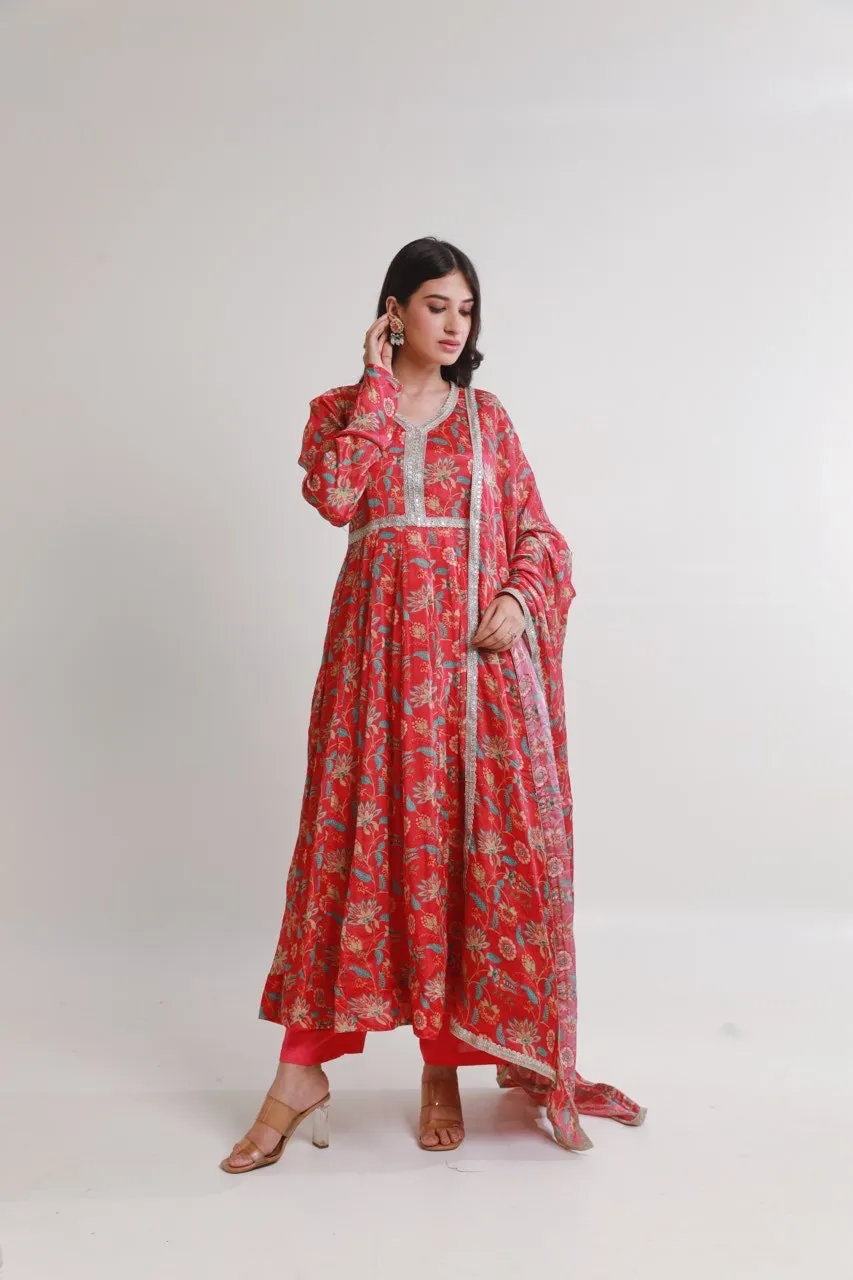 Magenta pink floral digital print viscose chinon anarkali set