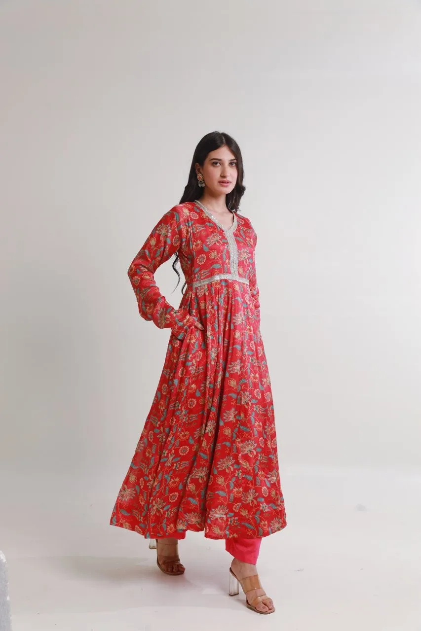 Magenta pink floral digital print viscose chinon anarkali set