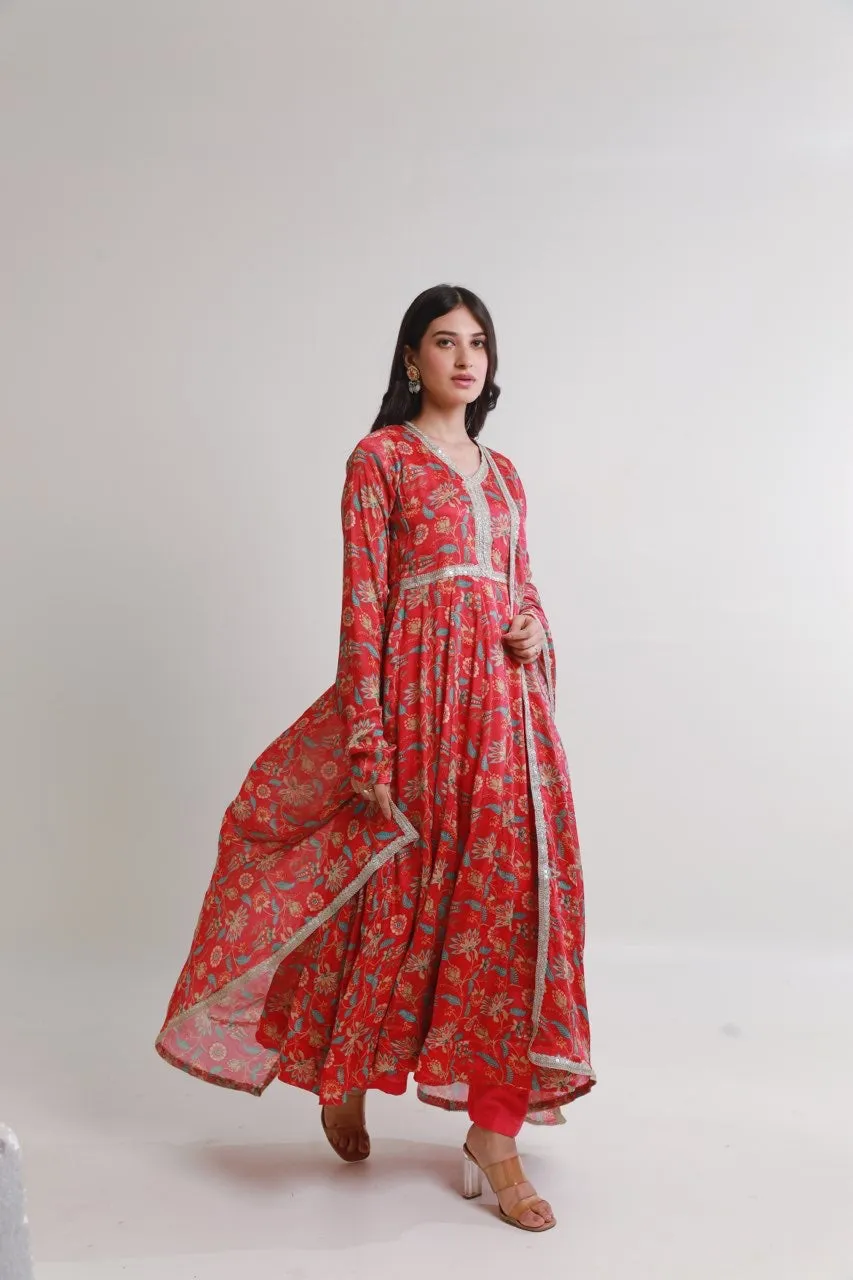 Magenta pink floral digital print viscose chinon anarkali set