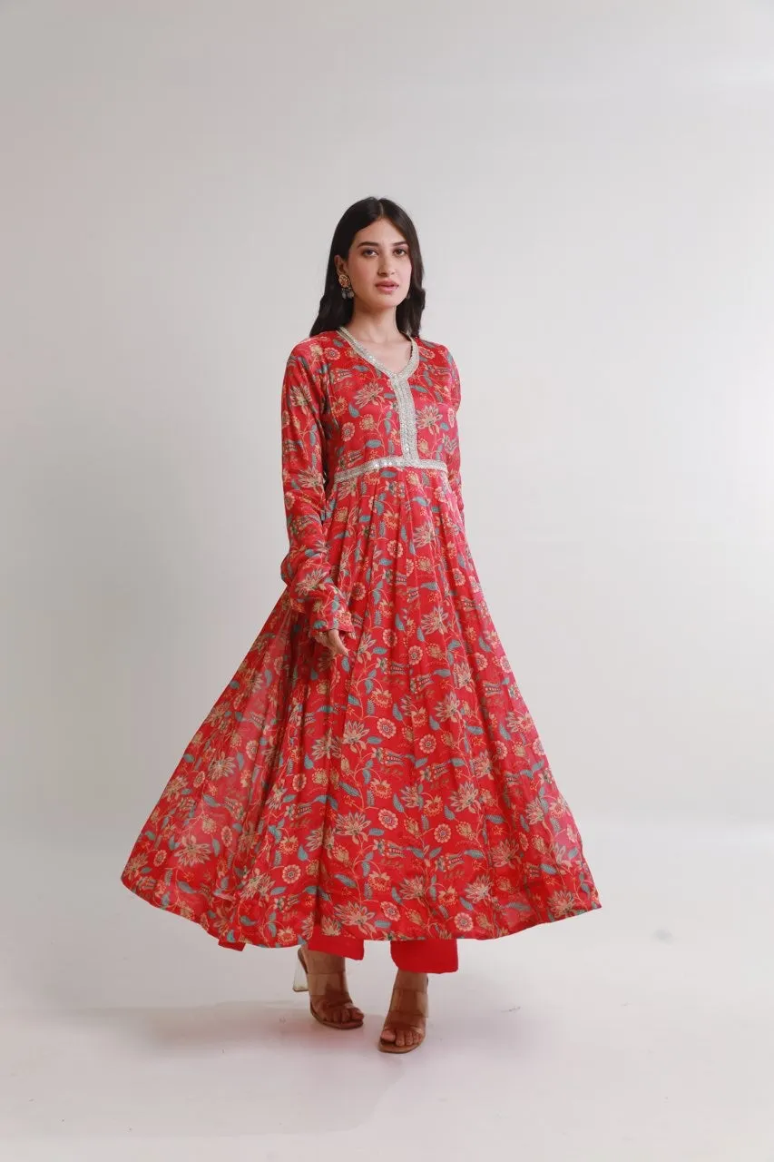 Magenta pink floral digital print viscose chinon anarkali set