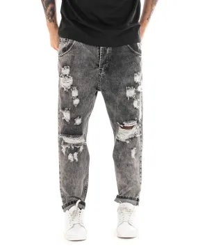 Pantaloni Jeans Uomo Loose Fit Denim Con Rotture Stone Washed Nero Casual GIOSAL-P5058A