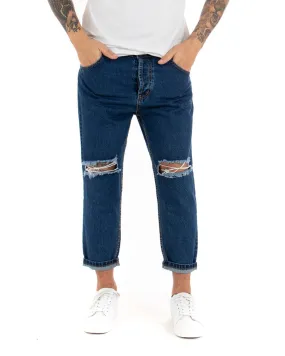 Pantaloni Jeans Uomo Loose Fit Denim Scuro Con Taglio Al Ginocchio Cinque Tasche GIOSAL-P4084A