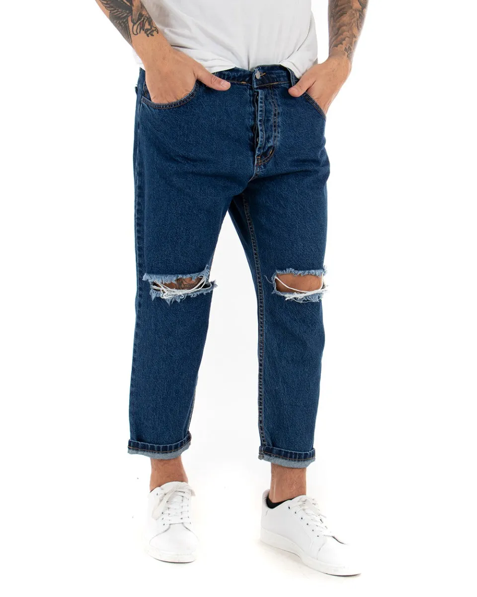 Pantaloni Jeans Uomo Loose Fit Denim Scuro Con Taglio Al Ginocchio Cinque Tasche GIOSAL-P4084A