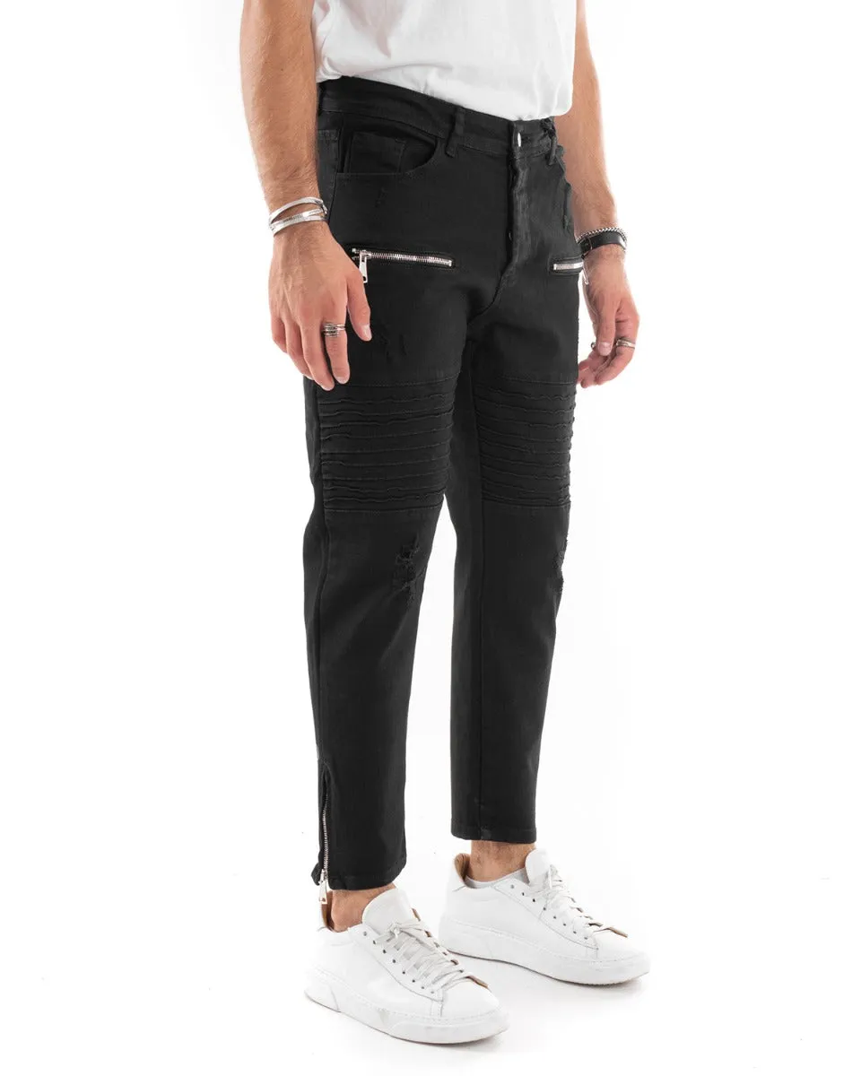 Pantaloni Jeans Uomo Slim Fit Biker Nero Cinque Tasche Con Zip Casual GIOSAL-P5506A