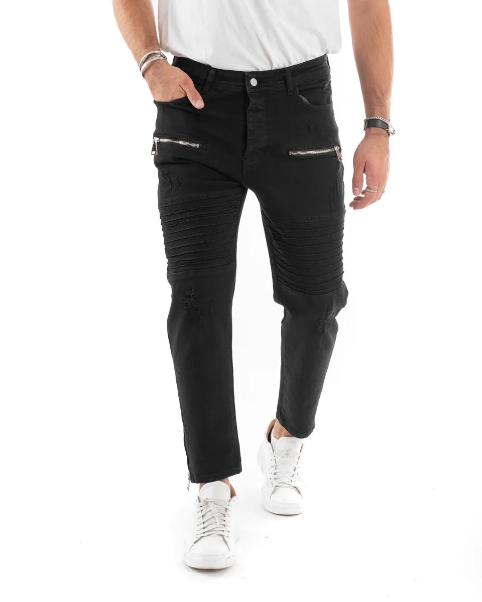 Pantaloni Jeans Uomo Slim Fit Biker Nero Cinque Tasche Con Zip Casual GIOSAL-P5506A