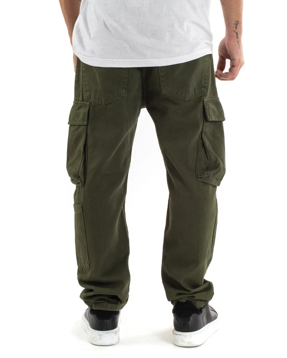 Pantaloni Jeans Uomo Straight Fit Cargo Verde Cinque Tasche Casual GIOSAL-P5548A