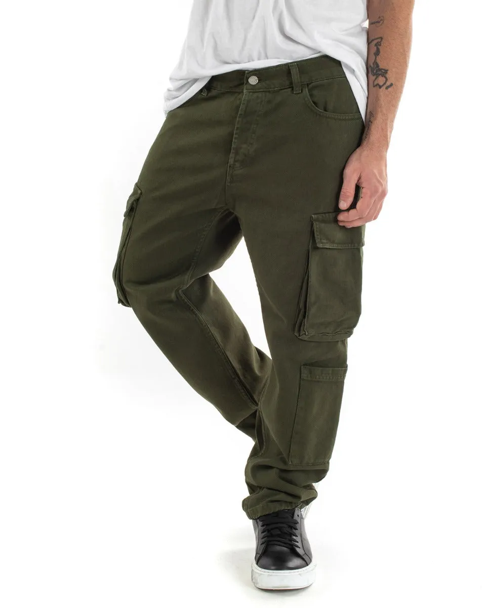 Pantaloni Jeans Uomo Straight Fit Cargo Verde Cinque Tasche Casual GIOSAL-P5548A