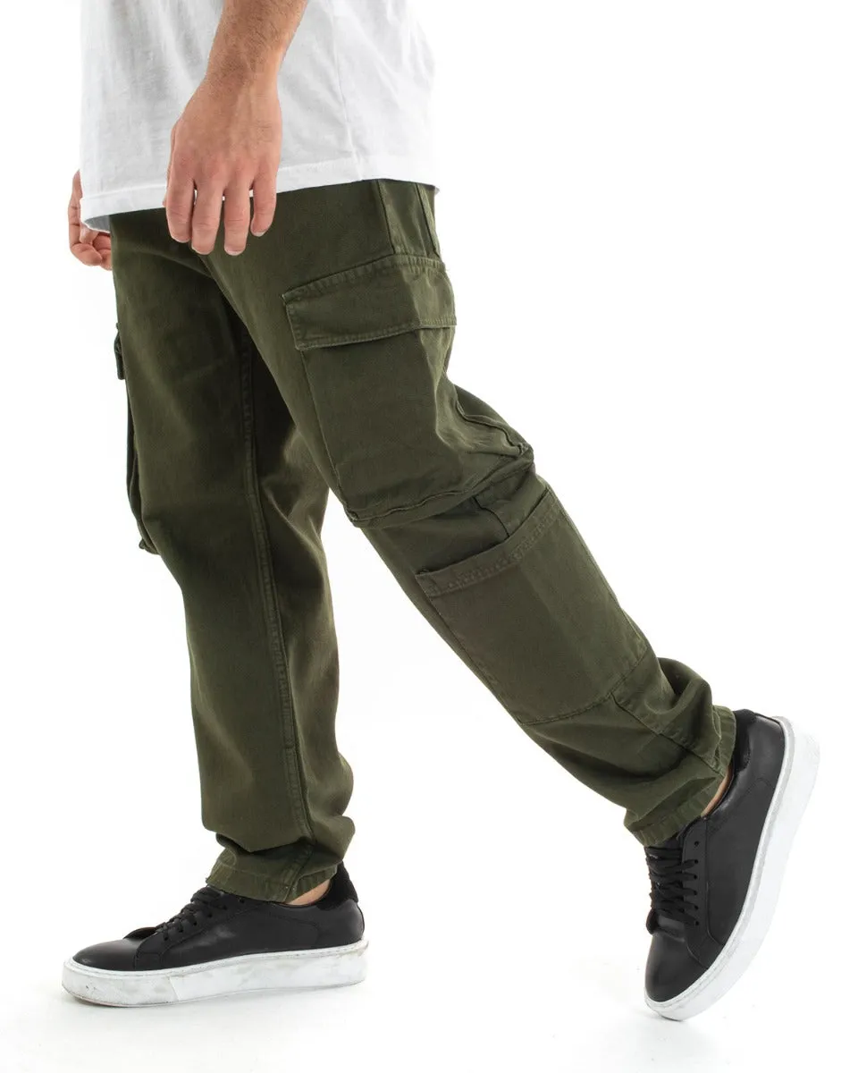 Pantaloni Jeans Uomo Straight Fit Cargo Verde Cinque Tasche Casual GIOSAL-P5548A