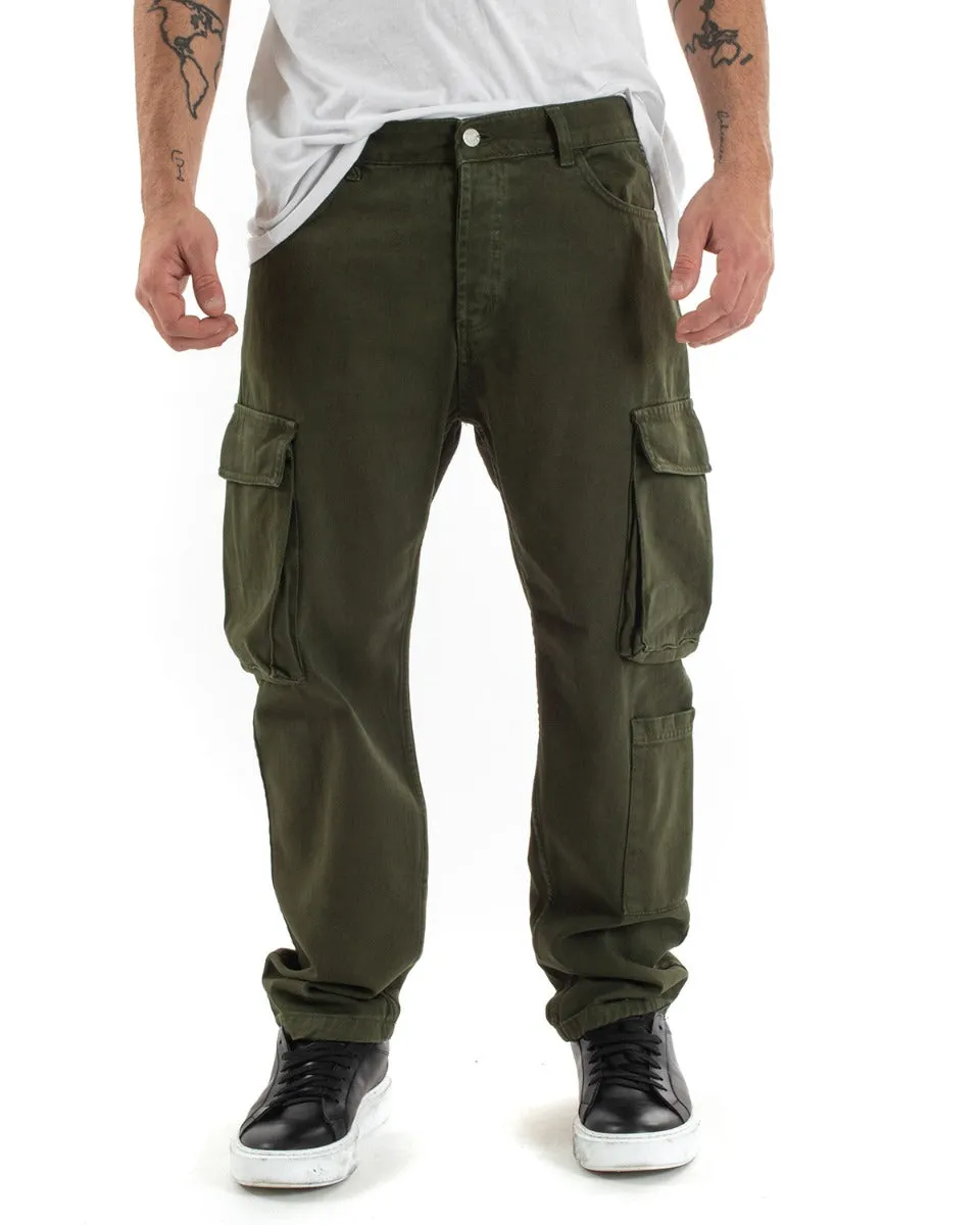 Pantaloni Jeans Uomo Straight Fit Cargo Verde Cinque Tasche Casual GIOSAL-P5548A