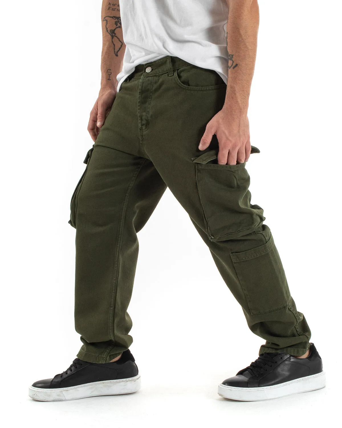 Pantaloni Jeans Uomo Straight Fit Cargo Verde Cinque Tasche Casual GIOSAL-P5548A