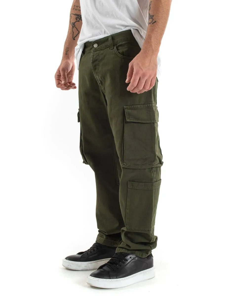 Pantaloni Jeans Uomo Straight Fit Cargo Verde Cinque Tasche Casual GIOSAL-P5548A