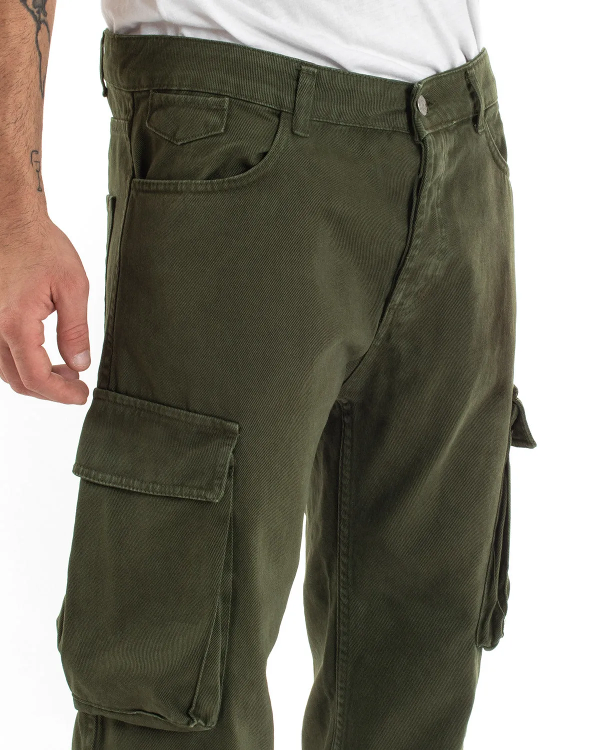 Pantaloni Jeans Uomo Straight Fit Cargo Verde Cinque Tasche Casual GIOSAL-P5548A