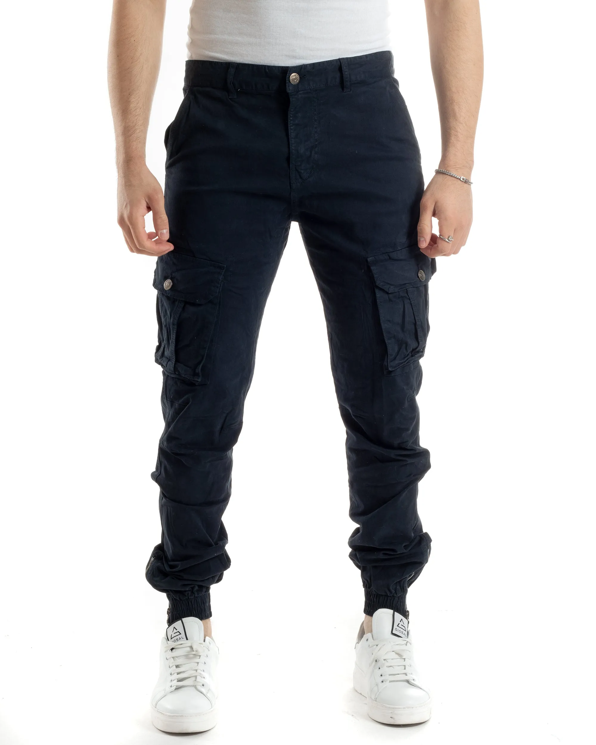 Pantaloni Uomo Cargo Con Tasconi E Zip Multitasche Elastico Al Fondo Blu GIOSAL-P6056A