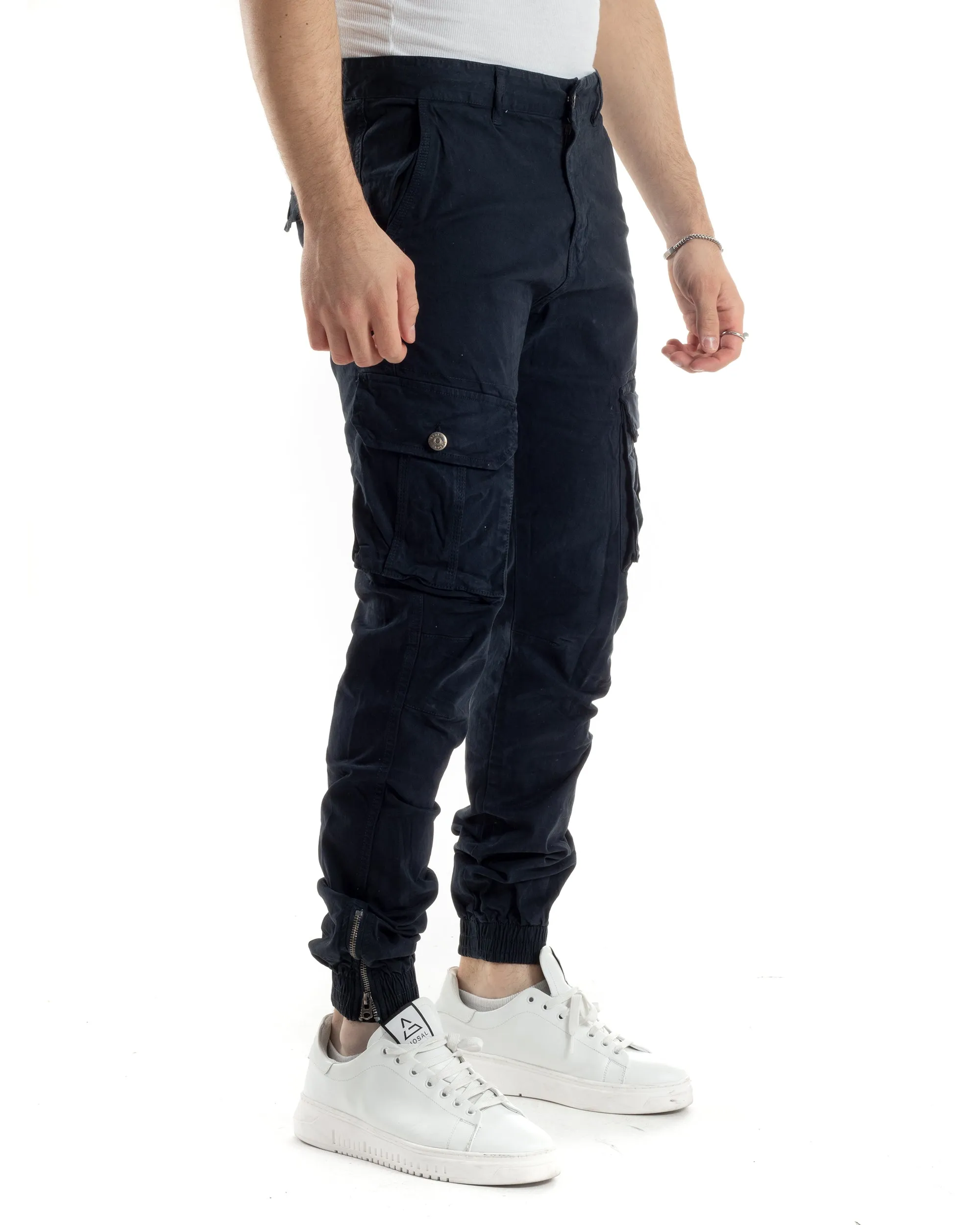 Pantaloni Uomo Cargo Con Tasconi E Zip Multitasche Elastico Al Fondo Blu GIOSAL-P6056A