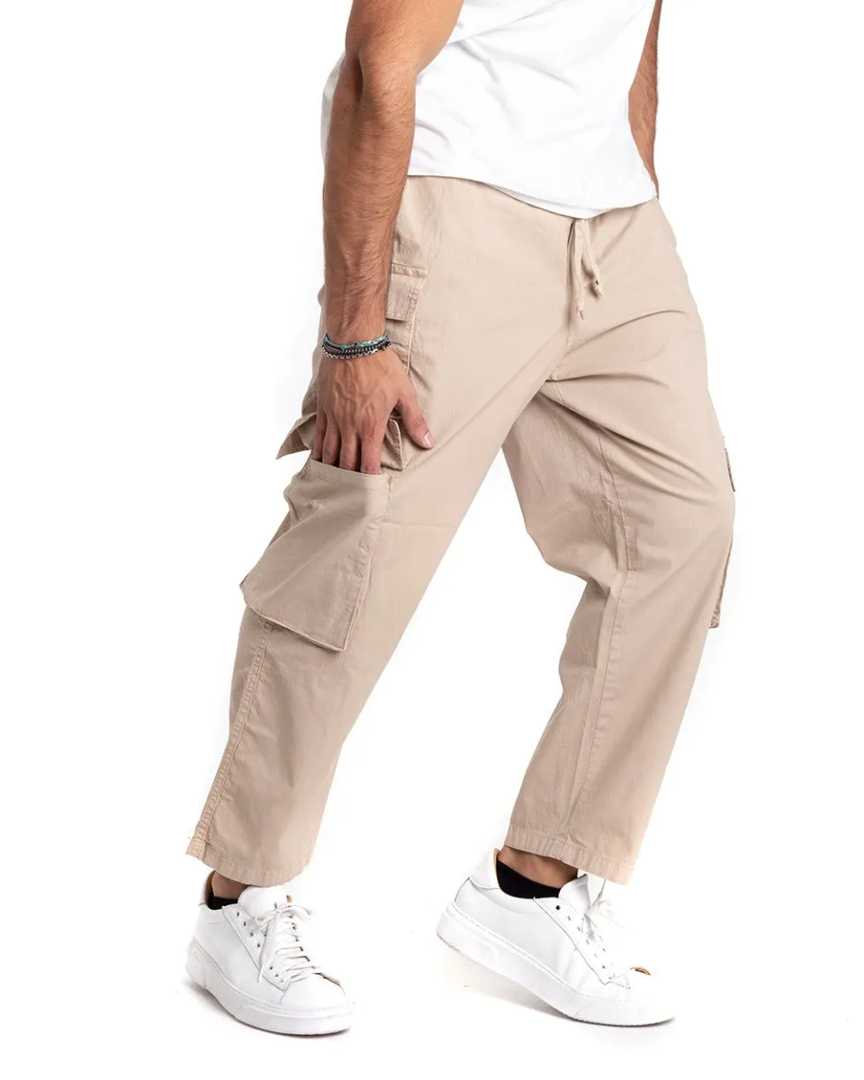 Pantaloni Uomo Cargo Tasconi Comodo Coulisse Tinta Unita Beige GIOSAL-P5346A