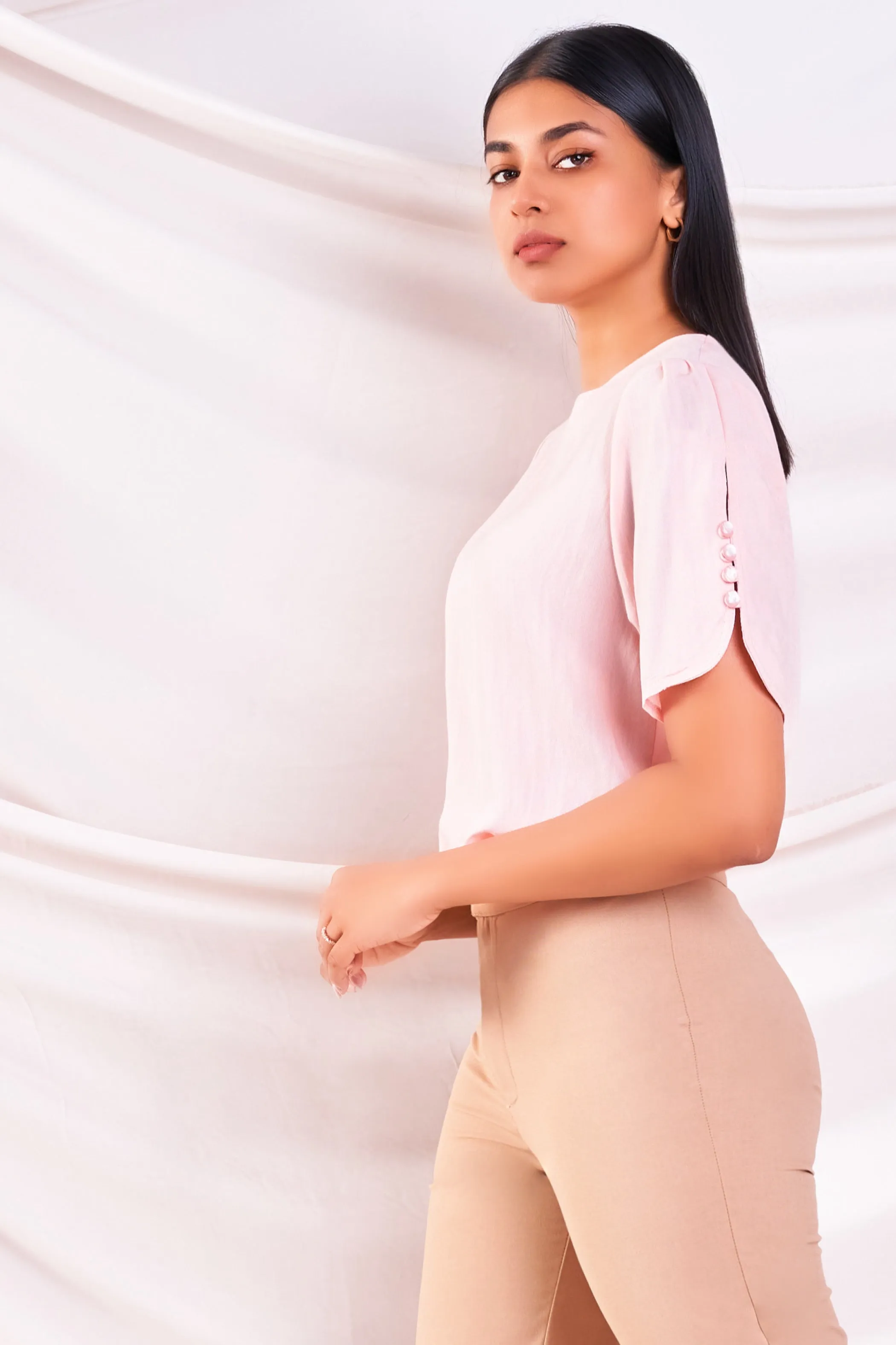 Pink Button Sleeve Detail Top