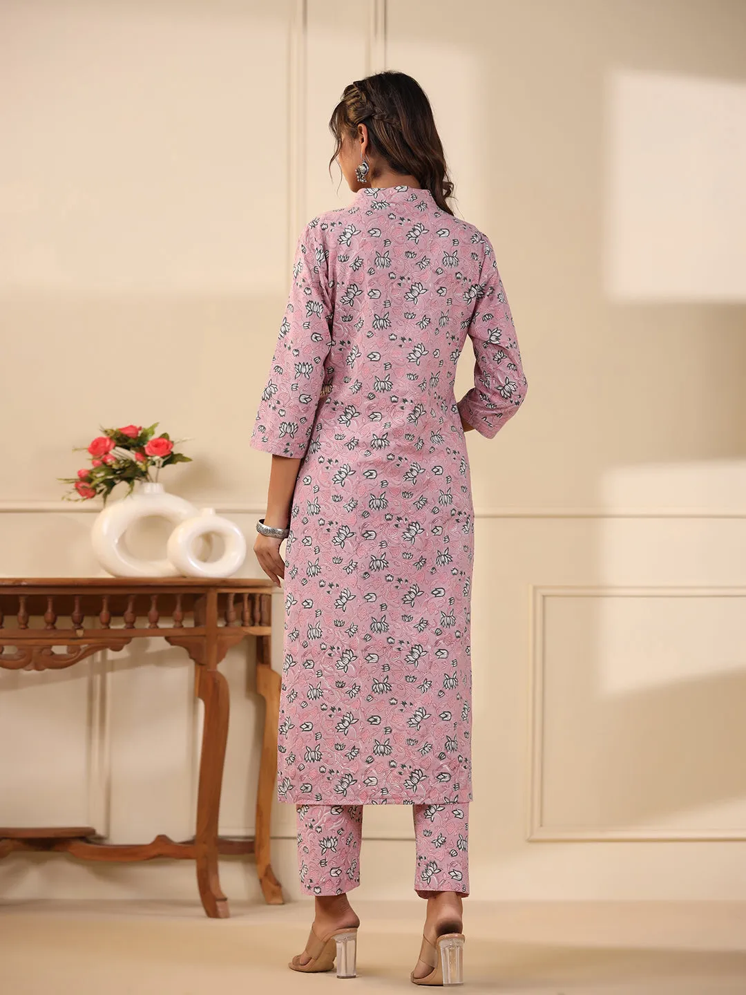 Sadabahaar Rose Pink Jaal Handblock Printed Cotton Kurta Pant