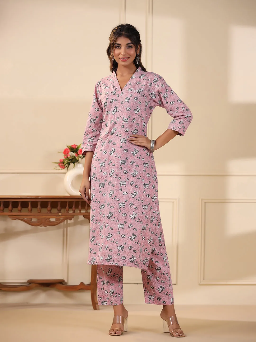 Sadabahaar Rose Pink Jaal Handblock Printed Cotton Kurta Pant