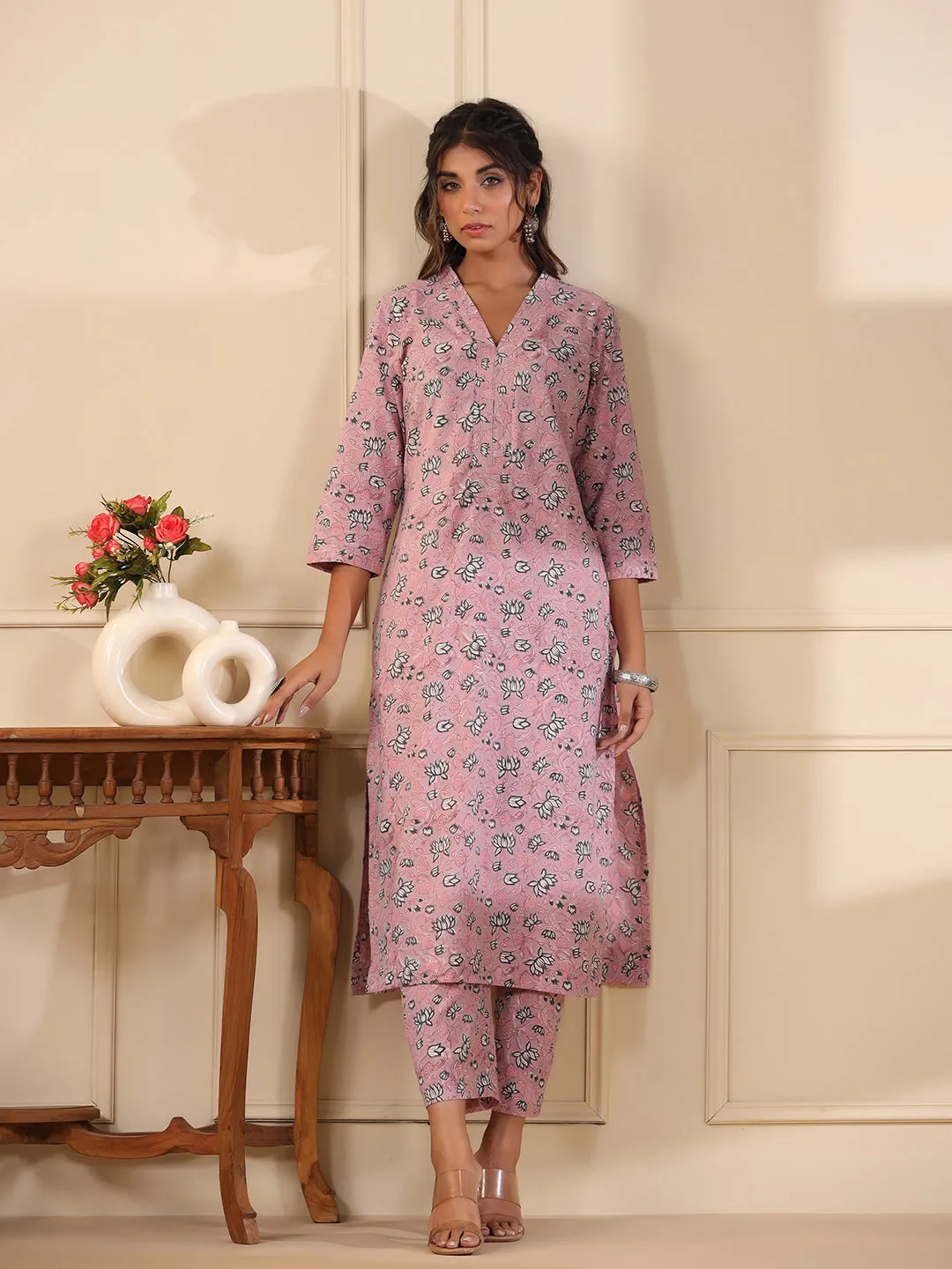 Sadabahaar Rose Pink Jaal Handblock Printed Cotton Kurta Pant