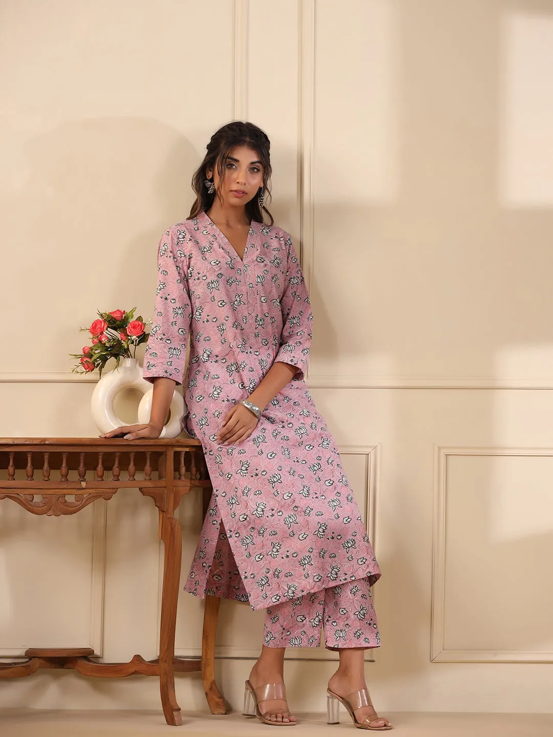 Sadabahaar Rose Pink Jaal Handblock Printed Cotton Kurta Pant