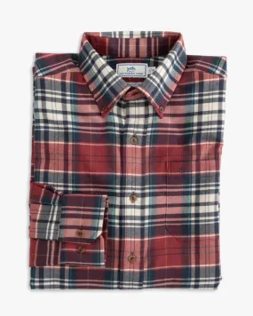 Southern Tide Men's Glades Plaid Flannel Intercoastal Performance Sport Shirt - Dark Red