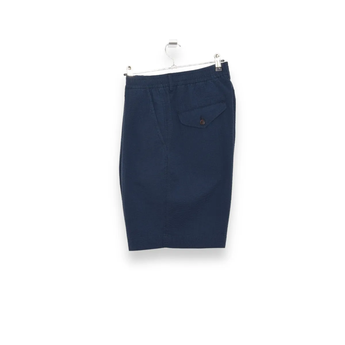 Universal Works Pleated Track Short cotton seersucker navy 28907