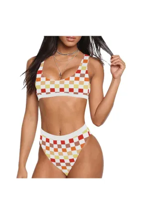 Warm Checker Sport Top & High-Waisted Bikini Swimsuit (Model S07)