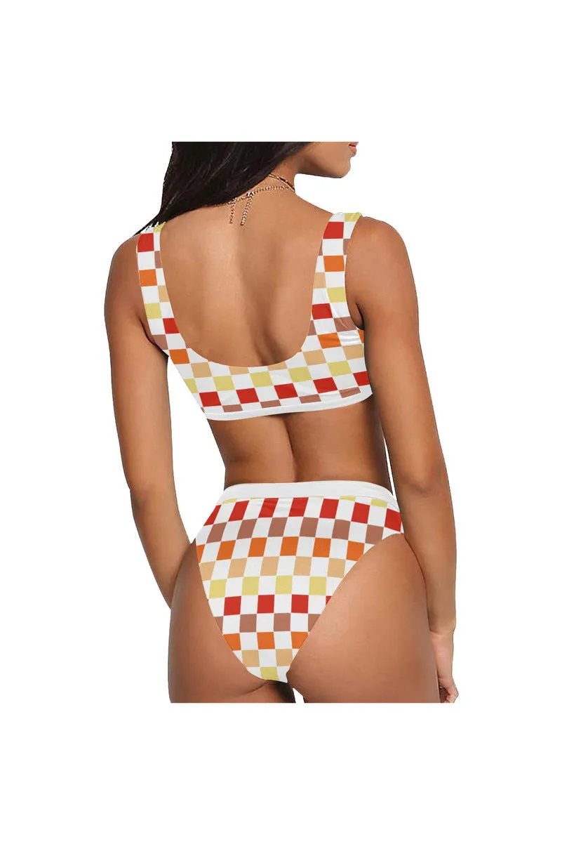 Warm Checker Sport Top & High-Waisted Bikini Swimsuit (Model S07)