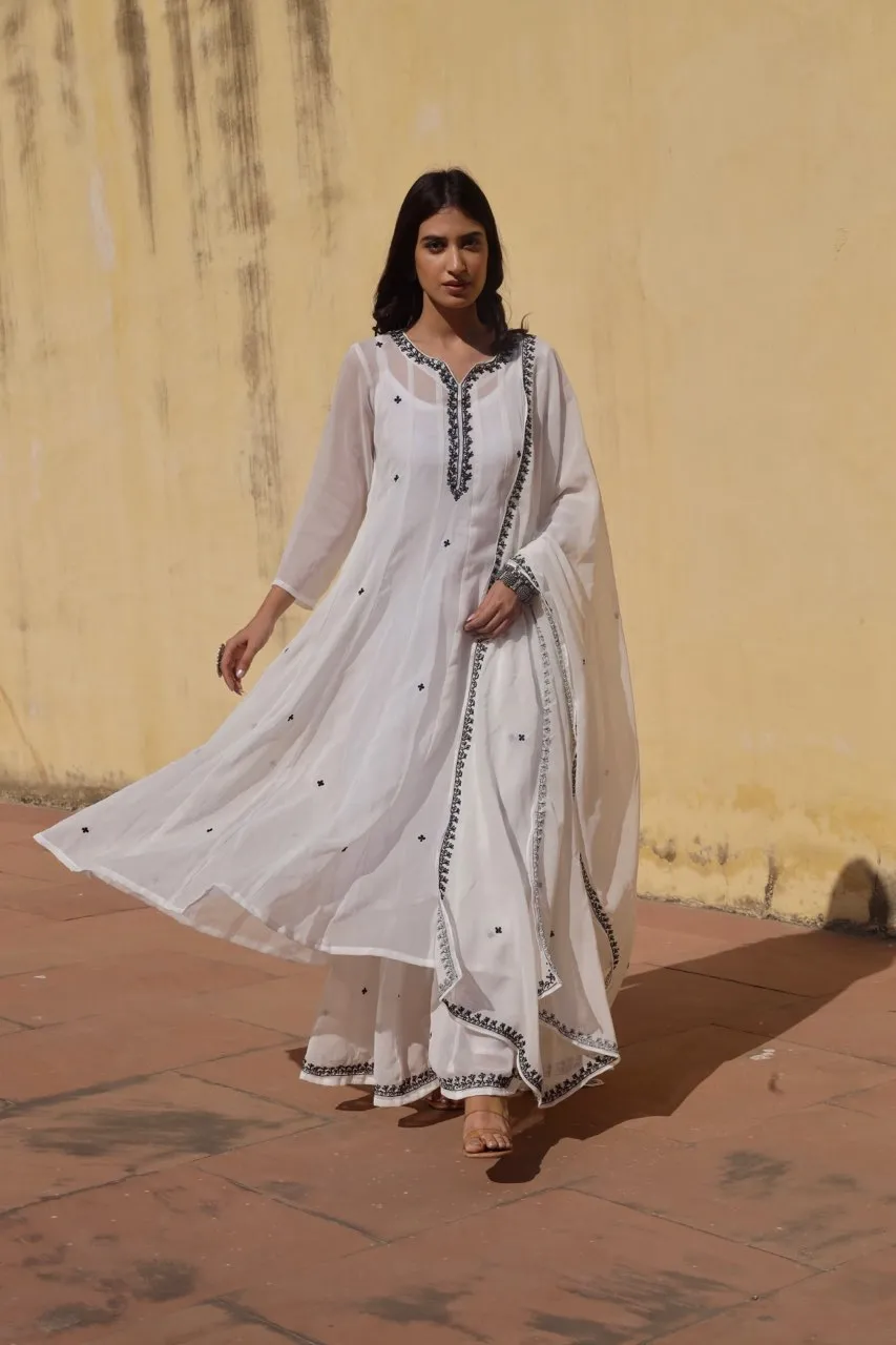 White georgette black dot anarkali set