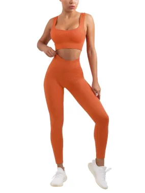 Women's Sexy 2 Piece Workout Suit-Seamless Ribbed Leggings and Square Cut Sports Bra Yoga Sportswear Set